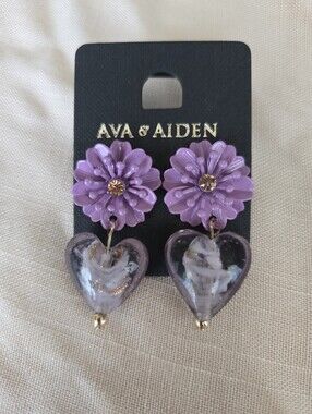 Ava & Aiden Purple Floral Studs with Glass Heart Drops